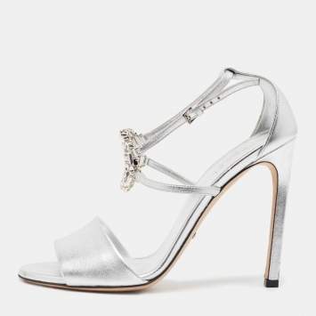 مملوكة مسبقًا Gucci Silver Leather Crystal Embellished GG Logo Ankle Strap Sandals Size 37