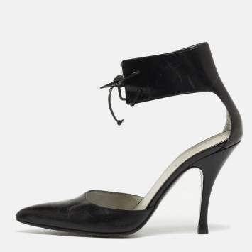 Pre Owned Gucci Black Leather Ankle Tie Pumps Size 37.5