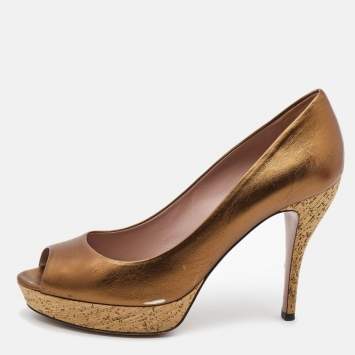 Pre Owned Gucci Metallic Bronze Leather Peep Toe Platform Pumps Size 39