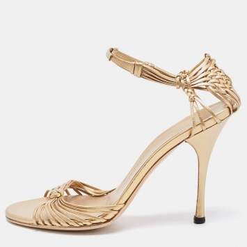 Pre Owned Gucci Gold Leather Ankle Strap Sandals Size 39.5