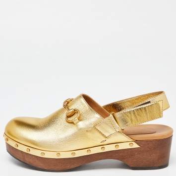 Pre Owned Gucci Gold Leather Amstel Horsebit Slingback Clog Sandals Size 38