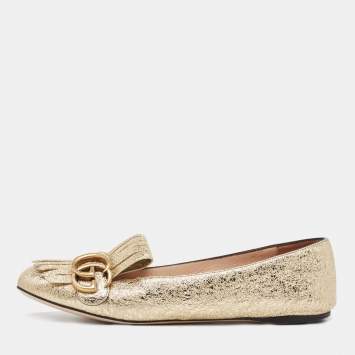 Pre Owned Gucci Gold Crinkled Leather GG Marmont Fringe Flats Size 37