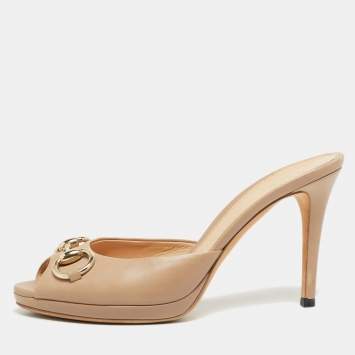 Pre Owned Gucci Beige Leather Hollywood Slide Sandals Size 37