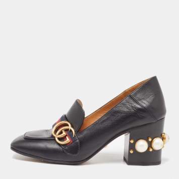 Pre Owned Gucci Black Leather Pearl Embellished GG Web Mid Pumps Size 37.5