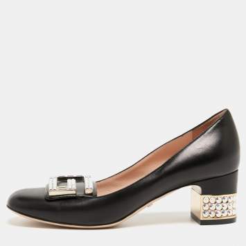 مملوكة مسبقًا Gucci Black Leather Crystal Embellished Block Heel Pumps Size 36  