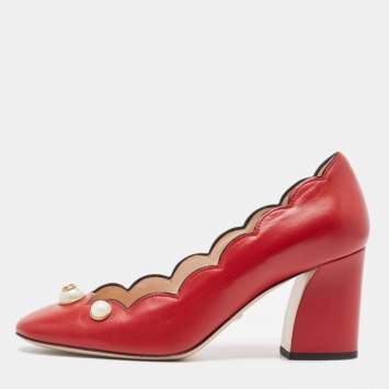 Pre Owned Gucci Red Leather Willow Faux Pearl Block Heel Pumps Size 38