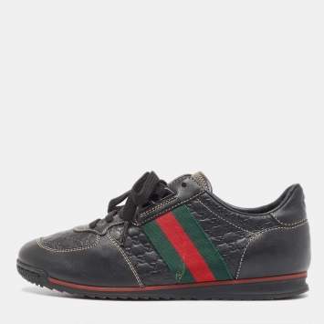 Pre Owned Gucci Black Guccissima Leather Web Low Top Sneakers Size 36.5