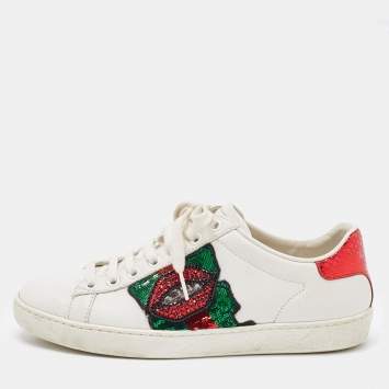 مملوكة مسبقًا Gucci White Leather Embellished Lip Ace Sneakers Size 36