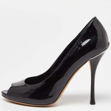 Pre Owned Gucci Black Patent Leather Peep Toe Pumps Size 37
