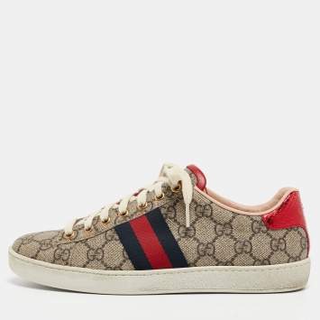 Pre Owned Gucci Brown/Beige Canvas Ace Low Top Sneakers Size 37