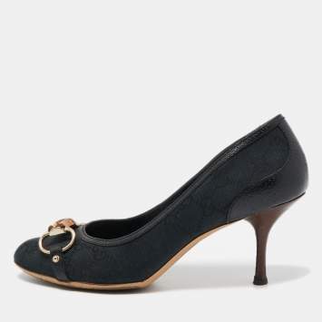 Pre Owned Gucci Navy Blue Canvas Bambo Horsebit Pumps Size 39