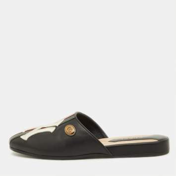 Pre Owned Gucci Black Leather Flamel NY Flat Mules Size 35.5