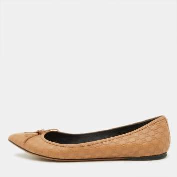 Pre Owned Gucci Light Brown Guccissima Leather Bow Ballet Flats Size 40