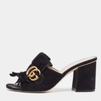 Pre Owned   Gucci Black Suede GG Marmont Fringe Mules Size 37
