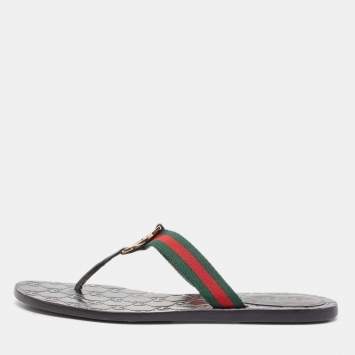 Pre Owned Gucci Black/Green Leather GG Web Thong Flats Size 37.5