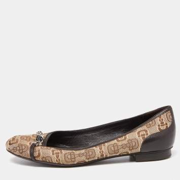 Pre Owned Gucci Beige/Brown Canvas and Leather Logo Embellished Ballet Flats Size 39