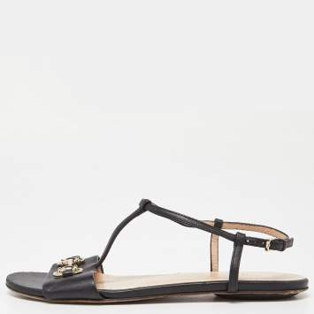 Pre Owned Gucci Black Leather Horsebit T-Strap Flat Sandals Size 36
