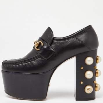 Pre Owned Gucci Black Leather Pearl Studded Vegas Platform Loafers Size 37.5