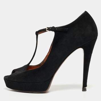 Pre Owned Gucci Black Suede Betty T-Strap Pumps Size 39.5