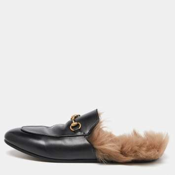 مملوكة مسبقًا Gucci Black Leather and Fur Princetown Flat Mules Size 41