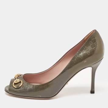 Pre Owned Gucci Green Guccissima Patent Leather Horsebit Open Toe Pumps Size 38