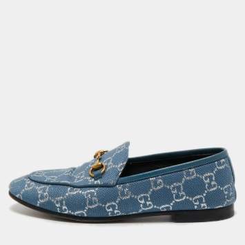 Pre Owned Gucci Blue/Silver Canvas and Leather Horsebit Jordaan Slip On Loafers Size 37