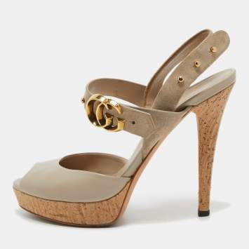 Pre Owned Gucci Grey Leather and Suede GG Cork Platform Slingback Sandals Size 37.5