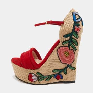 Pre Owned Gucci Red Suede Floral Embroidered Wedge Platform Ankle Strap Espadrilles Size 37