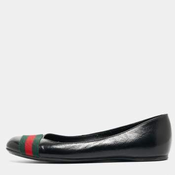 Pre Owned Gucci Black Leather Web Ballet Flats Size 37