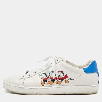 Pre Owned Gucci x Disney White/Blue Leather Huey, Dewey and Louie Ace Sneakers Size 36