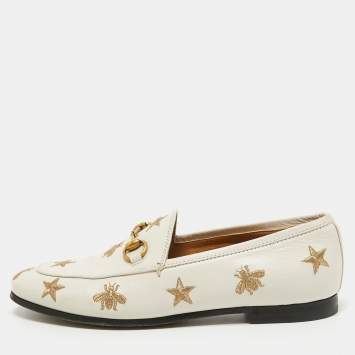 Pre Owned Gucci Cream Leather Jordaan Embroidered Bee Horsebit Slip On Loafers Size 35