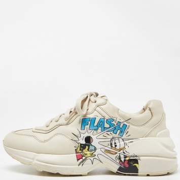 Pre Owned Gucci x Disney Donald Duck Cream Leather Rhyton Sneakers Size 38