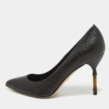 Pre Owned Gucci Black Guccissima Leather Kristen Bamboo Heel Pumps Size 39