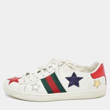 Pre Owned Gucci White Leather Ace Stars Low Top Sneakers Size 37.5