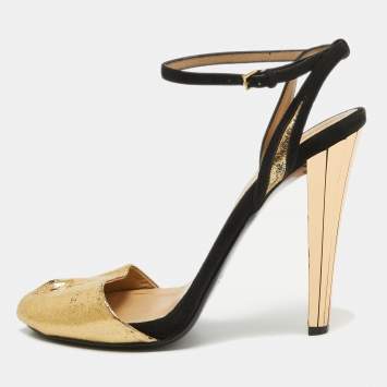 Pre Owned Gucci Gold/Black Leather and Suede Ankle Strap Sandals Size 40