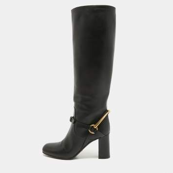 Pre Owned Gucci Black Leather Horsebit Knee Length Boots Size 36.5