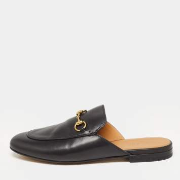 Pre Owned Gucci Black Leather Princetown Flat Mules Size 40