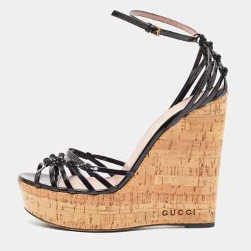 Pre Owned Gucci Black Patent Studded Cork Wedge Sandals Size 40