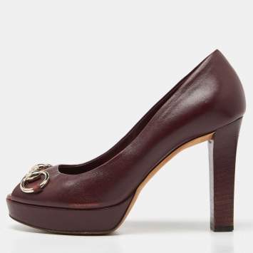 Pre Owned Gucci Burgundy Leather Horsebit Peep Toe Platform Pumps Size 37