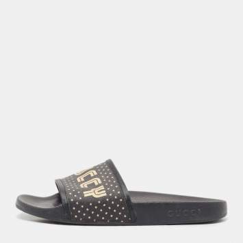 Pre Owned Gucci Black Leather and Canvas Guccy Flat Slides Size 40 