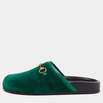 Pre Owned Gucci Green Velvet Horsebit Flat Mules Size 36