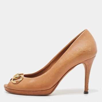 Pre Owned Gucci Brown Leather Jolene  Open Toe Pumps Size 38