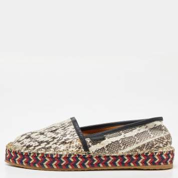 Pre Owned Gucci Beige/Black Leather and Watersnake Leather Slip On Espradrille Flats Size 36