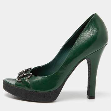 Pre Owned Gucci Green Patent Leather Horsebit Peep Toe Pumps Size 36