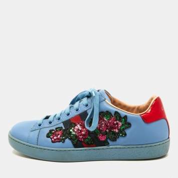 Pre Owned Gucci Blue Leather Flower Sequins Embellished Ace Low Top Sneakers Size 36