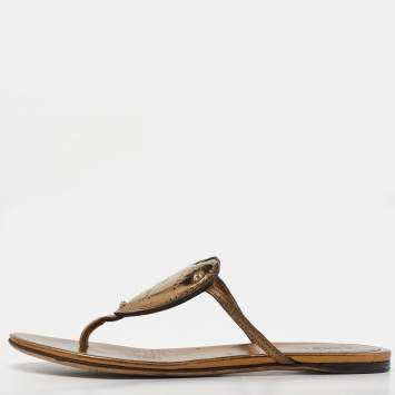 Pre Owned Gucci Golden Metallic Gold Leather Heart Thong Flat Slides Size 36