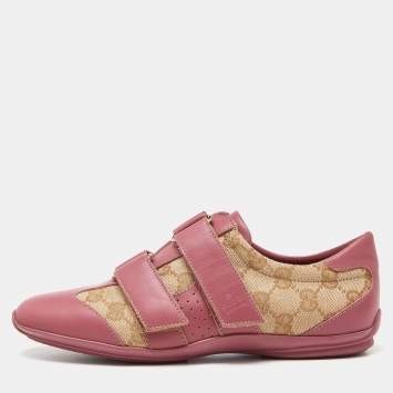 Pre Owned Gucci Beige/Pink GG Canvas and Leather Low Top Sneakers Size 35