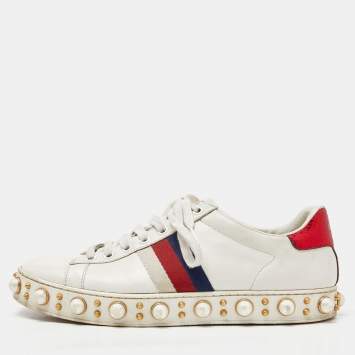 Pre Owned Gucci White Leather Web Detail New Ace Faux Pearl Embellished Low Top Sneakers Size 39