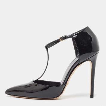 Pre Owned Gucci Black Patent Leather Beverly T-Strap Pumps Size 37.5