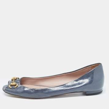 Pre Owned Gucci Grey Patent Microguccissima Horsebit Ballet Flats Size 39.5